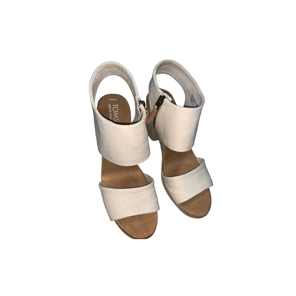 TOMS White Canvas Espadrille Wedge Sandals Womens 8.5 Zipper preppy beach party